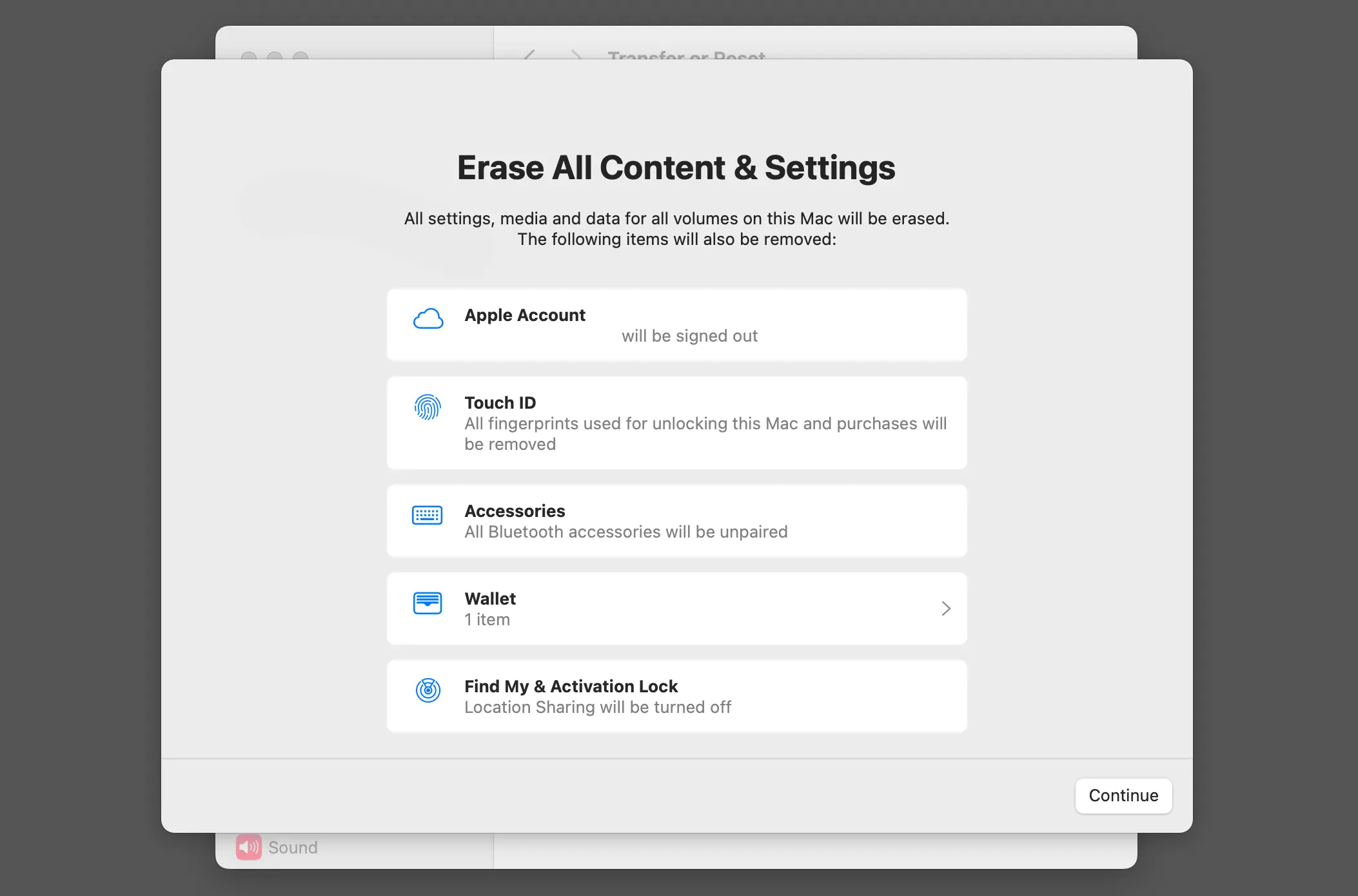 Giao diện Erase Assistant trong macOS, công cụ hỗ trợ xóa toàn bộ dữ liệu và cài đặt Mac để bán