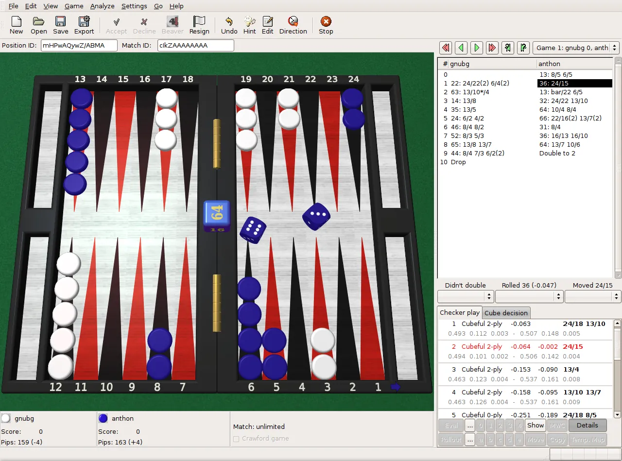 Giao diện game Gnu Backgammon với bàn cờ và quân cờ