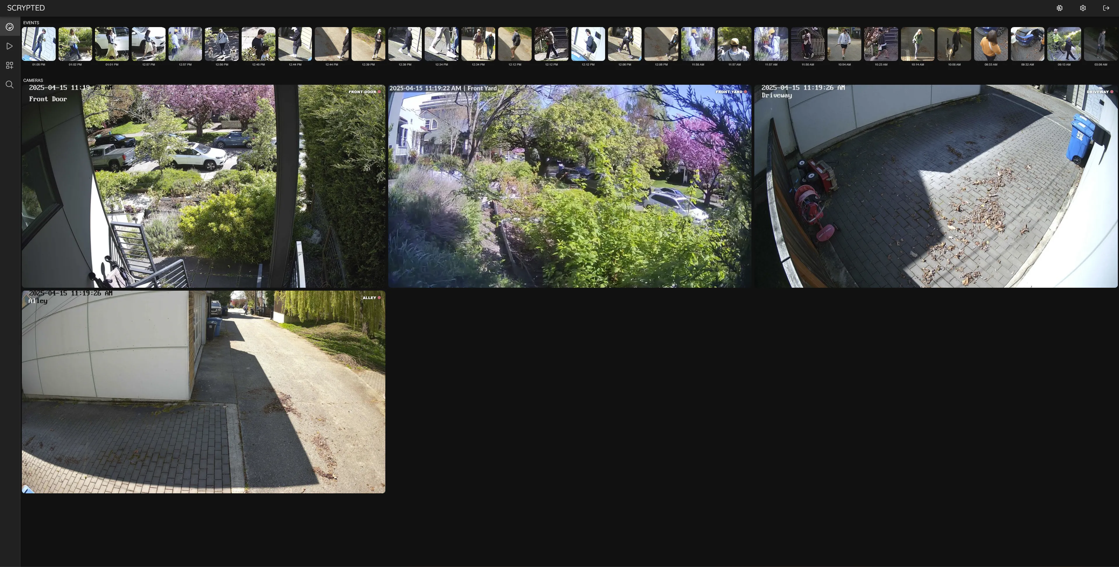 Giao diện ứng dụng Scrypted NVR tự host hiển thị các bản ghi