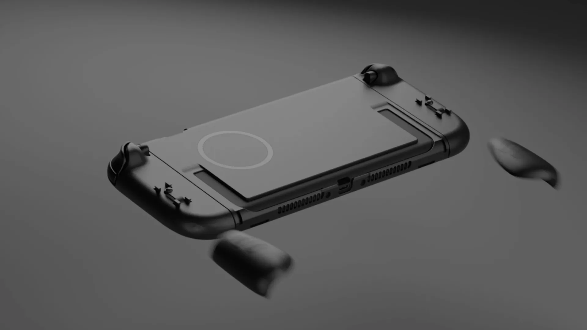 Hình ảnh mặt sau của Switch 2 với vỏ ốp có tay cầm đang được tháo ra, theo mô hình của Genki