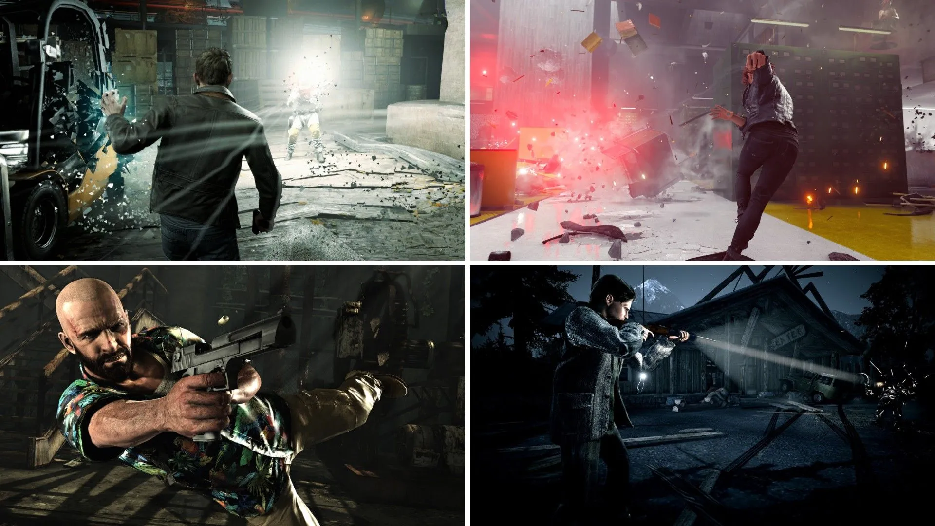 Jack Joyce từ Quantum Break phá cửa sổ, Jesse Faden từ Control chạy khỏi vụ nổ, Alan Wake ngắm bắn và Max Payne nhảy lộn nhào, các nhân vật từ vũ trụ game Remedy