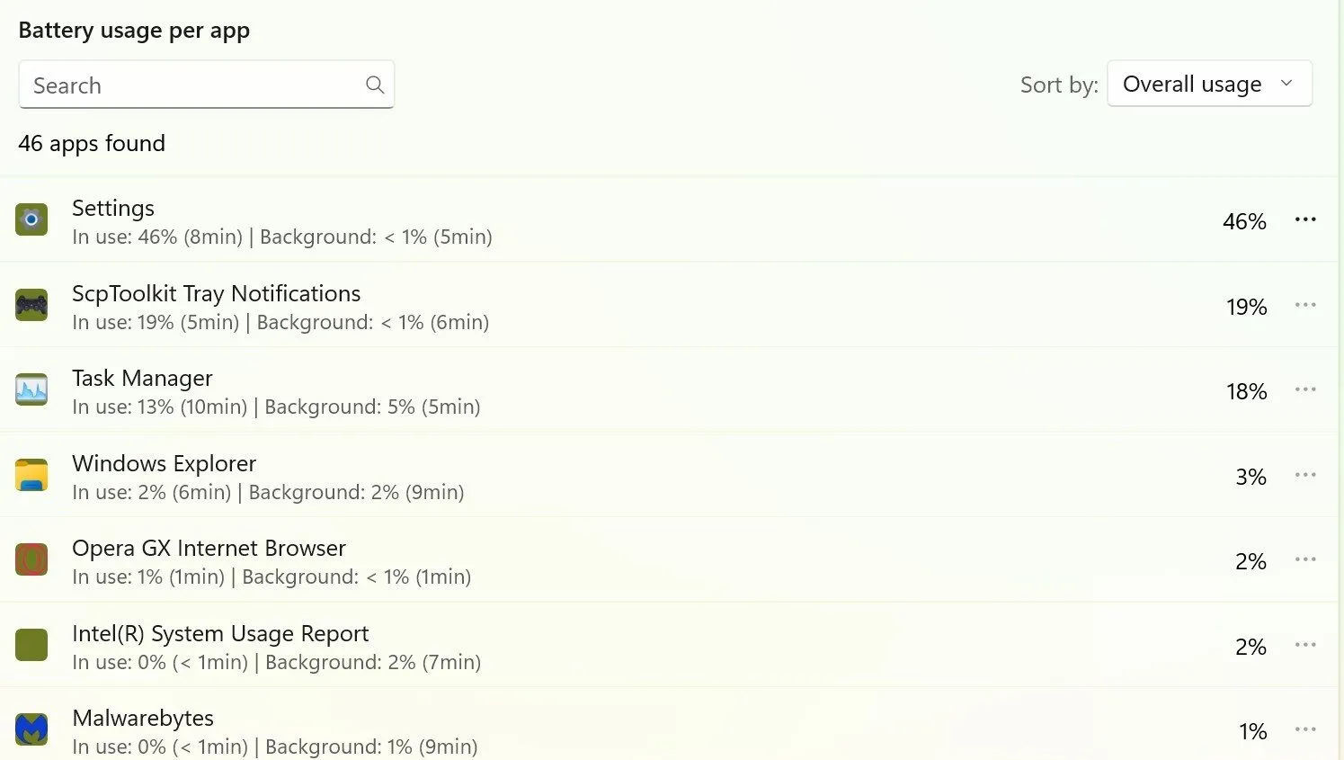 Kiểm tra mức tiêu thụ pin của các ứng dụng trong cài đặt Windows