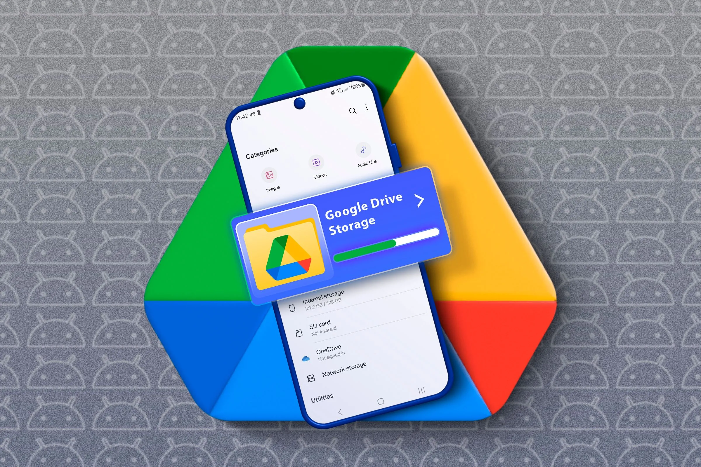 Logo Google Drive với điện thoại hiển thị dung lượng lưu trữ