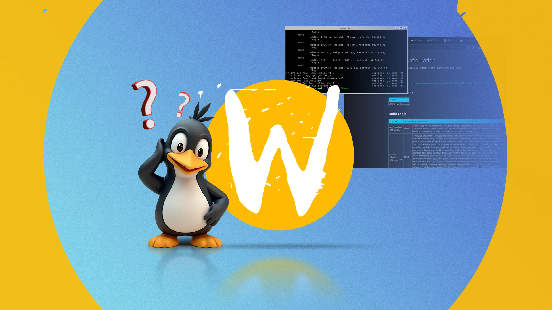 Logo Wayland với linh vật Linux đang bối rối bên cạnh, thể hiện sự thay đổi trong hệ thống cửa sổ.