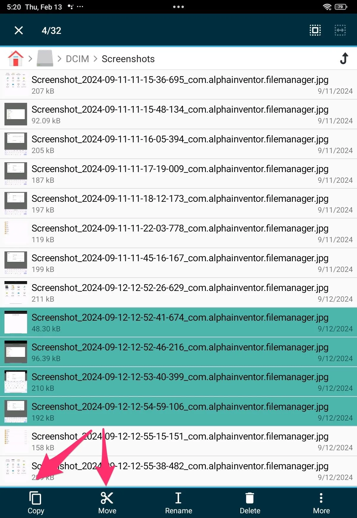 Màn hình chọn tệp và tùy chọn sao chép hoặc di chuyển tệp đã chọn từ Android sang thư mục chia sẻ trên Mac