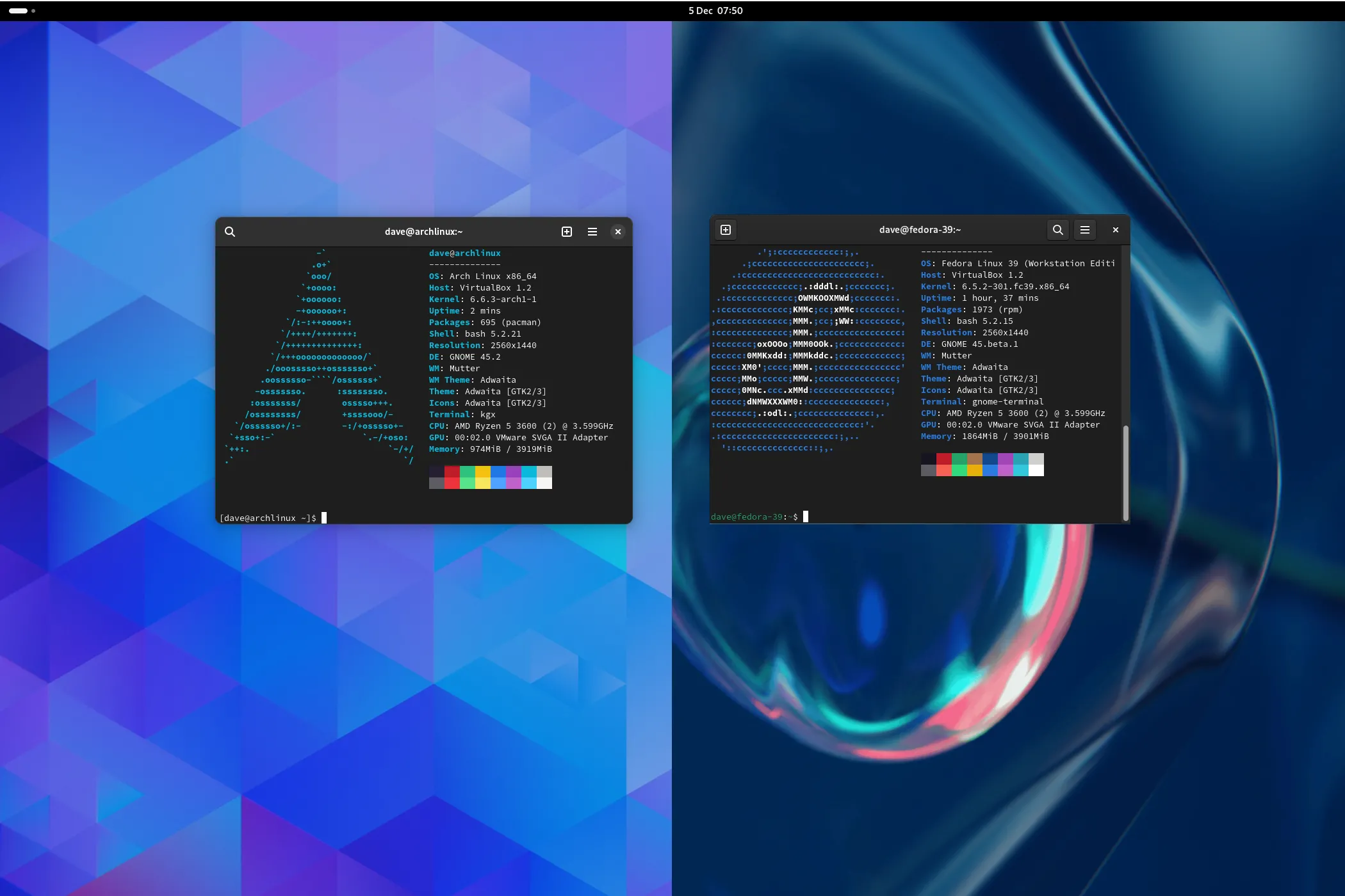 Màn hình desktop Arch Linux và Fedora Linux, mỗi màn hình có cửa sổ terminal đang chạy Neofetch.
