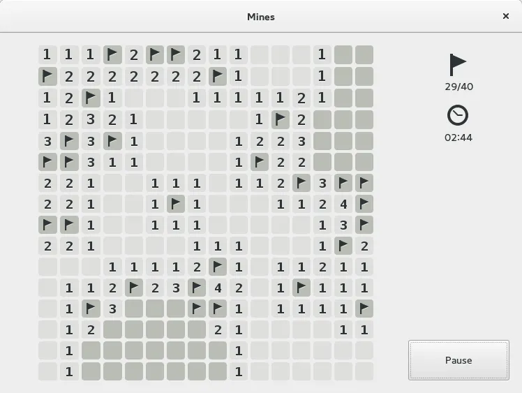 Màn hình trò chơi Gnome Mines mô phỏng Minesweeper trên Linux