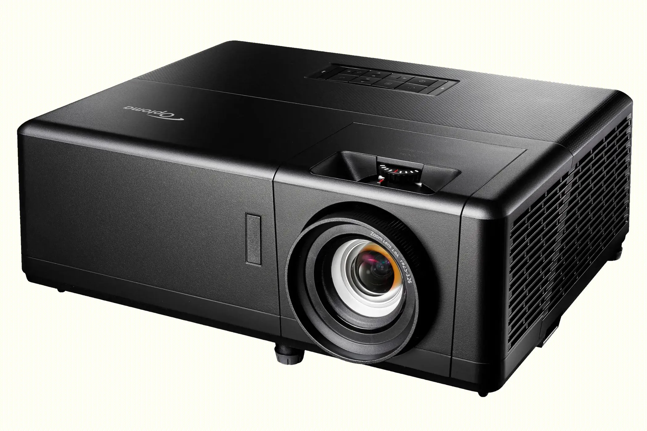 Máy chiếu laser 4K Optoma UHZ55 màu đen đặt trên bề mặt phẳng