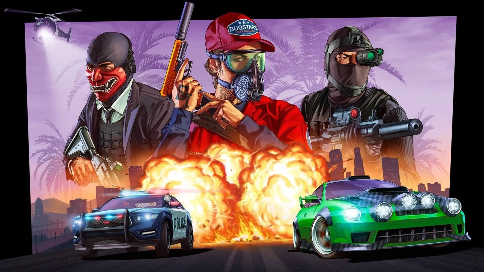 Một cảnh trong GTA Online với nhiều người chơi và các vụ nổ, xe cộ, thể hiện trò chơi nhiều người chơi.