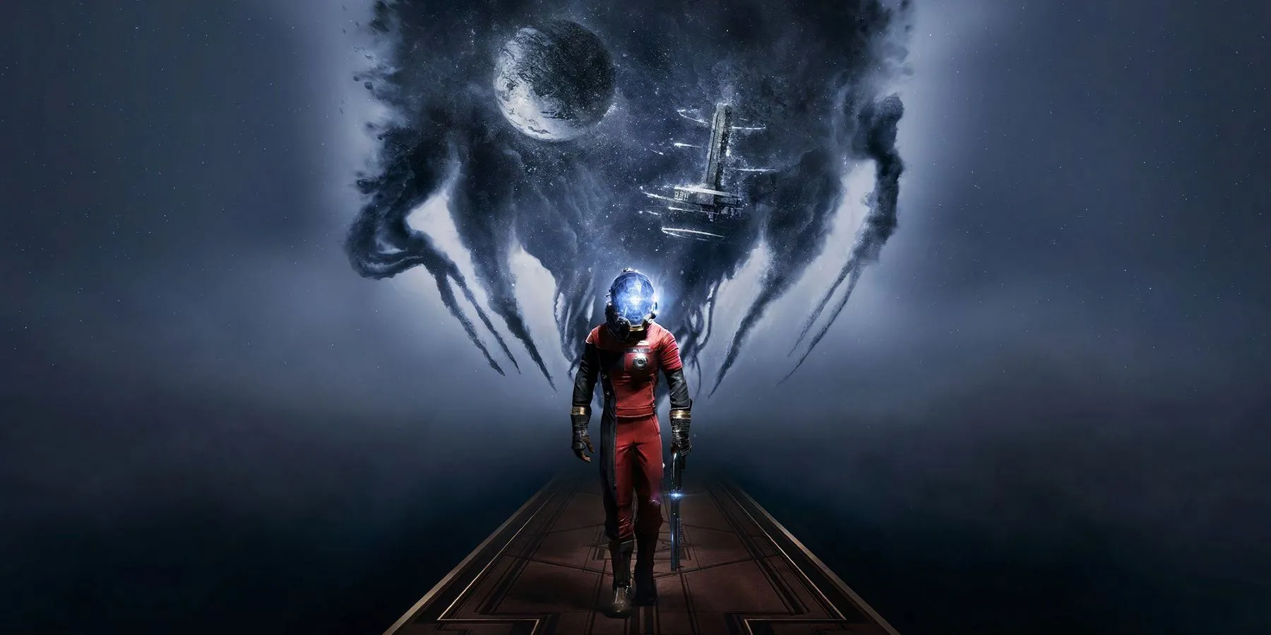 Nhân vật chính Morgan Yu đứng trong hành lang trạm không gian Talos I đầy bí ẩn trong game Prey 2017