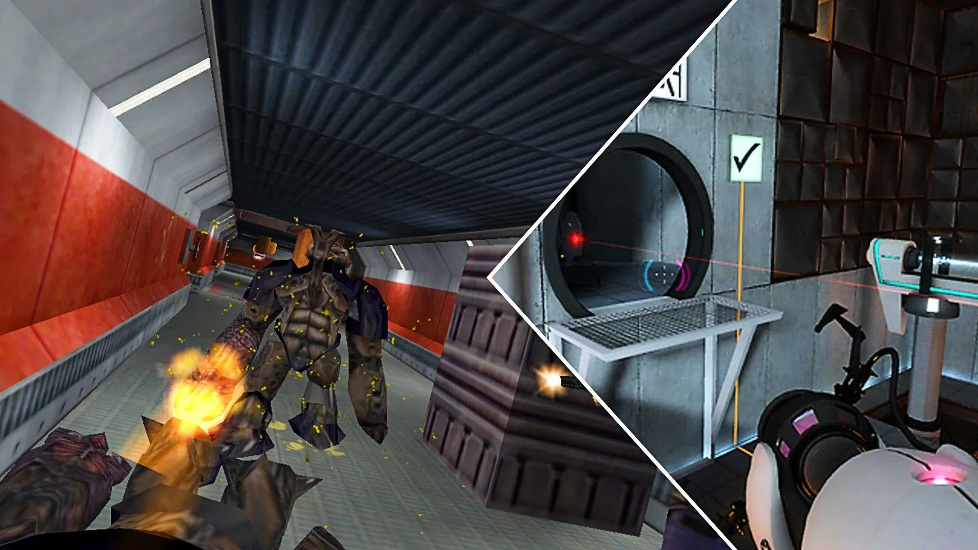 Quái vật Half-Life tấn công người chơi và người chơi giải đố trong Portal, minh họa mối liên kết giữa Aperture Science và Black Mesa