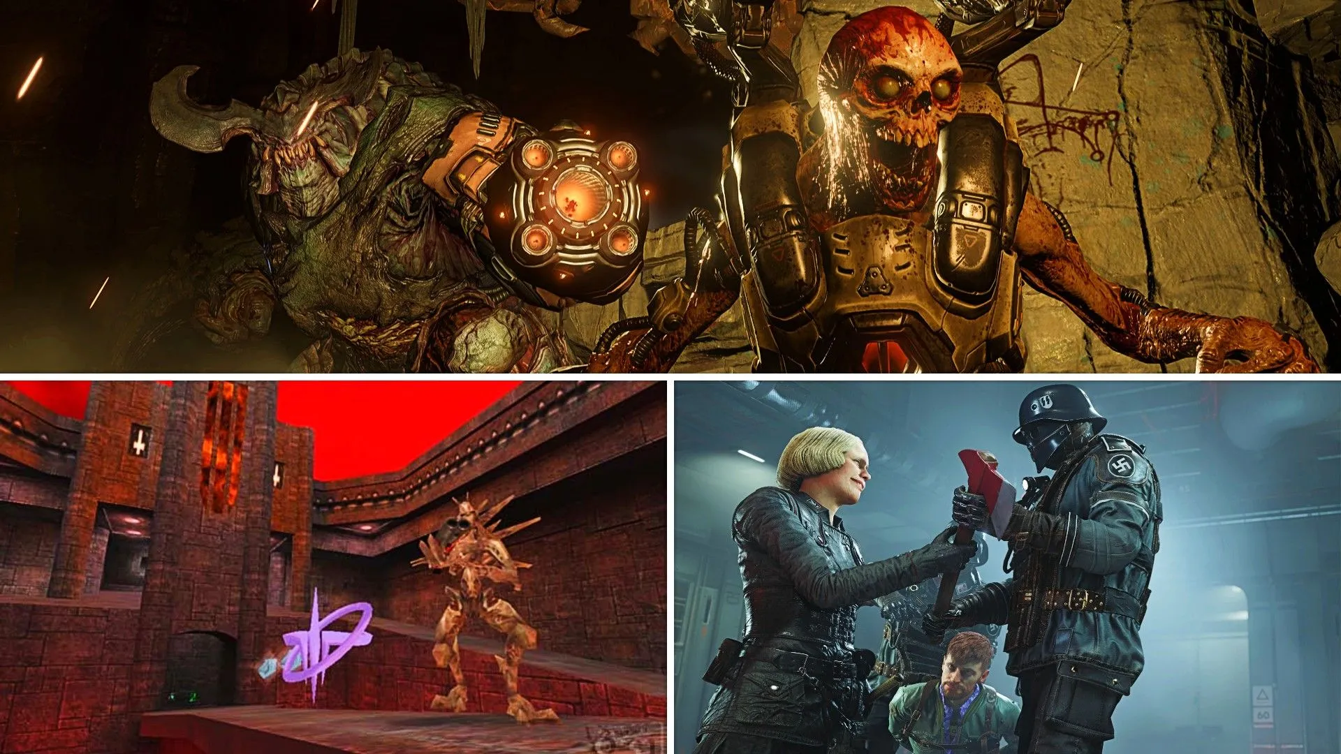 Quái vật trong Doom, kẻ thù trong Quake 3 Arena và một người lấy rìu từ lính Đức Quốc xã trong Wolfenstein 2, minh họa mối liên kết giữa các game FPS kinh điển