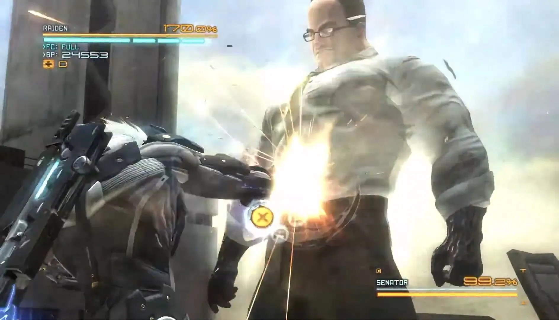Raiden tung cú đấm vào Senator Armstrong trong trận chiến cuối cùng của Metal Gear Rising: Revengeance.
