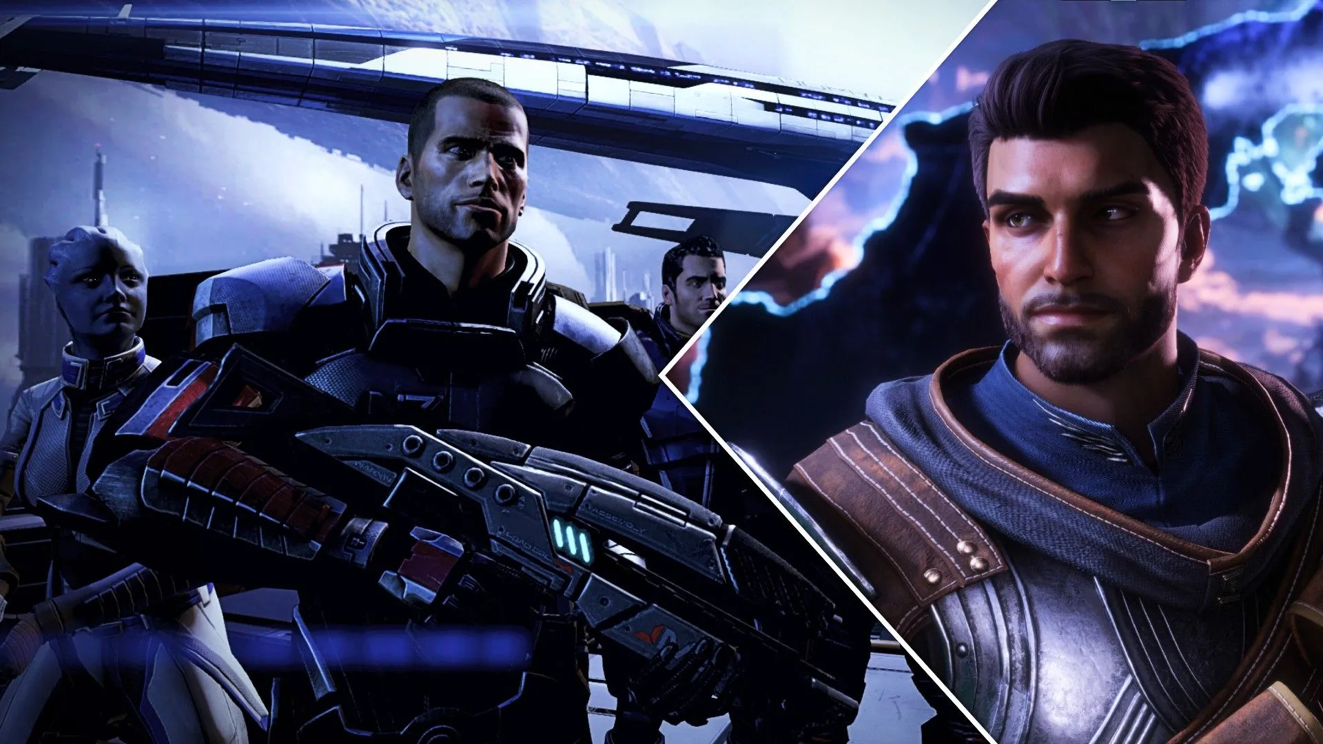 Shepard và Liara trước tàu Normandy trong Mass Effect cùng một chiến binh từ Dragon Age: The Veilguard, thể hiện mối liên hệ giữa hai series RPG của BioWare