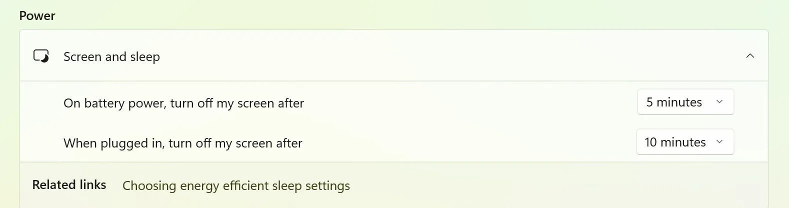 Thay đổi thời gian tắt màn hình và ngủ trong cài đặt pin Windows 11