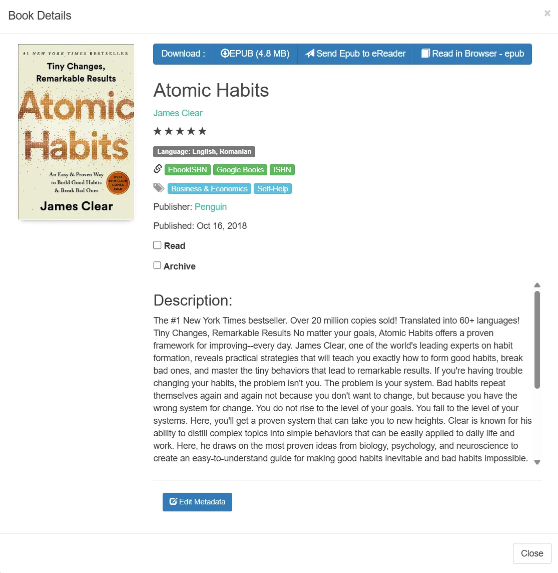 Tính năng &quot;Send EPUB to eReader&quot; được kích hoạt trên Calibre Web, cho phép gửi sách điện tử dễ dàng.