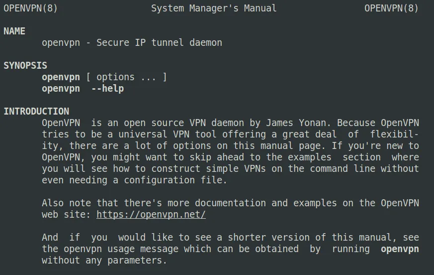 Trang man của openvpn giải thích rằng công cụ này có nhiều tùy chọn do tính linh hoạt cao, cùng với cảnh báo về độ dài tài liệu.