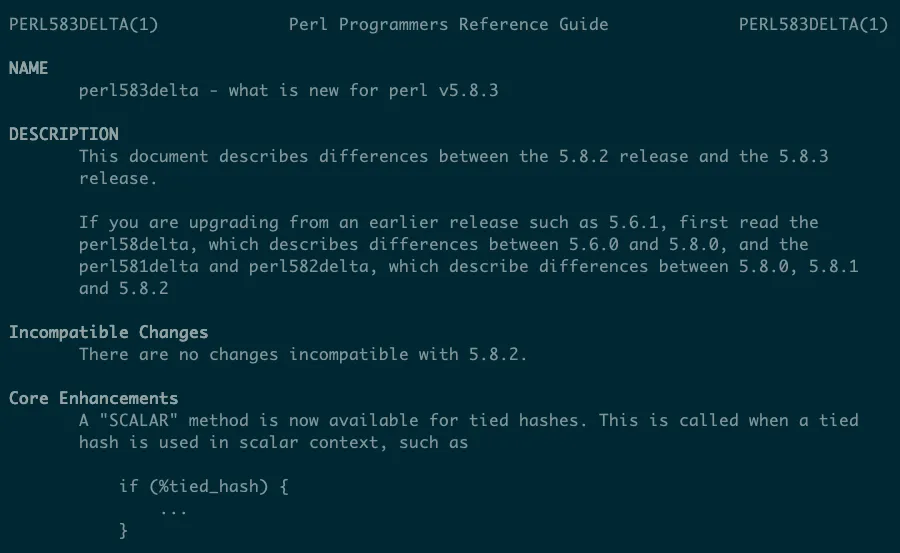 Trang man của perl583delta hiển thị các phần như Thay đổi không tương thích và Cải tiến cốt lõi, minh họa tài liệu cập nhật của Perl.