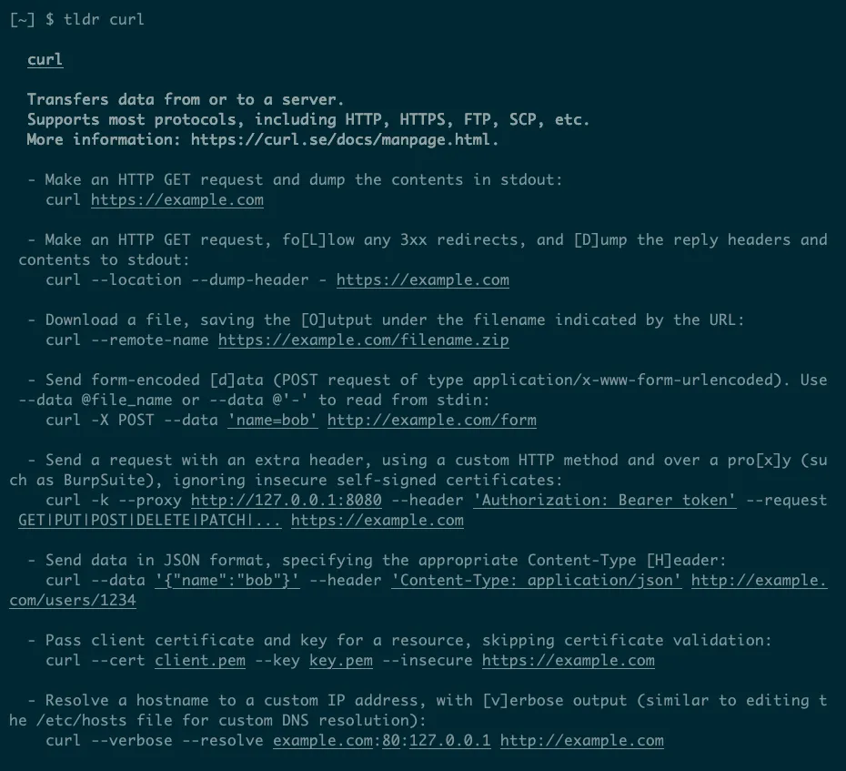 Trang tldr cho lệnh curl hiển thị mô tả ngắn gọn và các ví dụ sử dụng cơ bản, minh họa sự tiện lợi so với man page truyền thống.