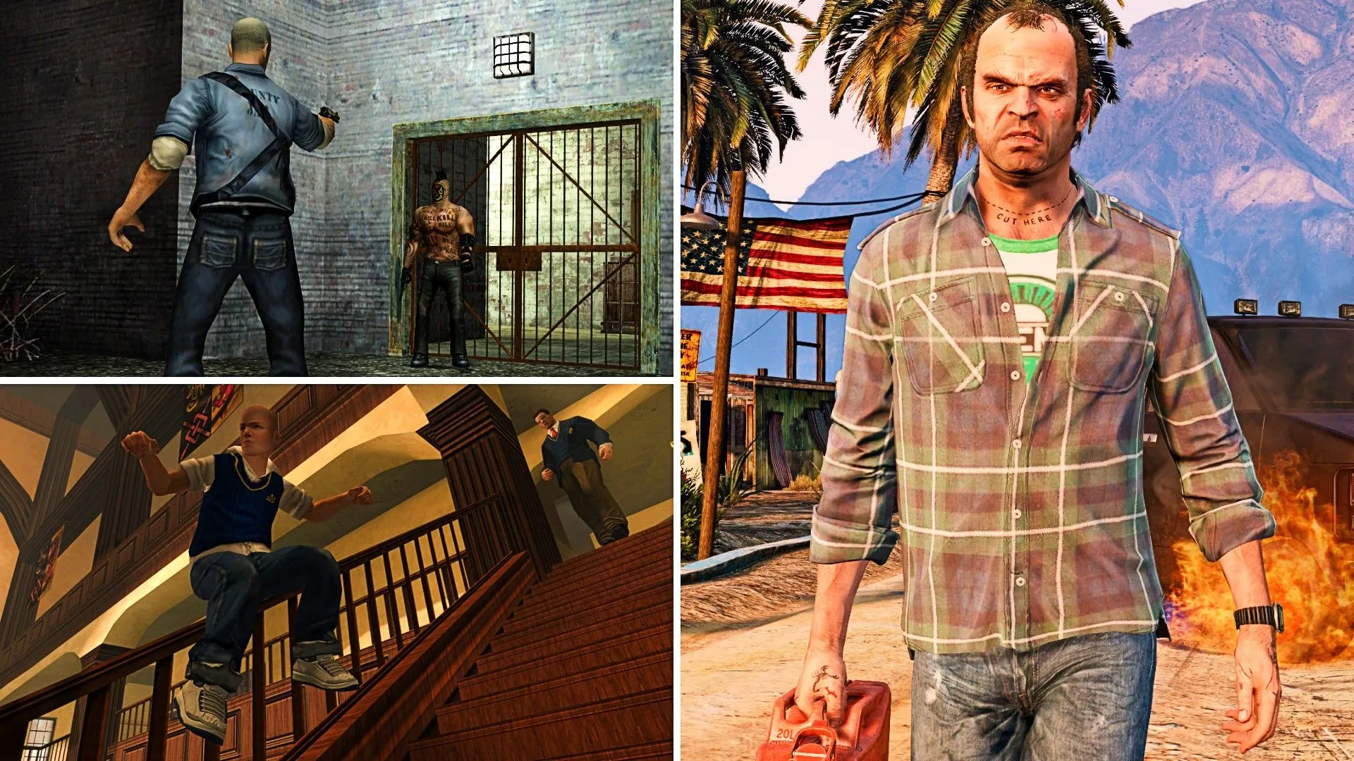 Trevor trong GTA V cầm bình xăng, Jimmy trượt tay vịn trong Bully, và nhân vật chính nhắm súng vào kẻ thù trong Manhunt, các game có chung vũ trụ của Rockstar