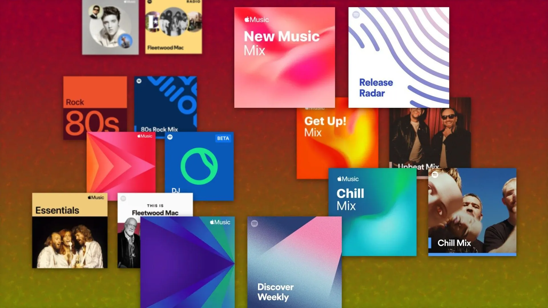 Ảnh bìa album từ Apple Music và Spotify, minh họa sự đa dạng nhưng cũng có giới hạn của các nền tảng streaming.