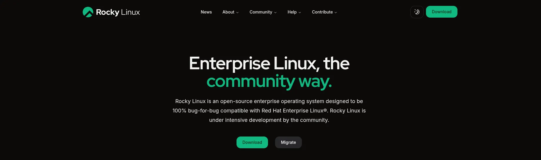 Ảnh chụp màn hình trang chủ Rocky Linux, minh họa giao diện và thông tin về distro thay thế RHEL