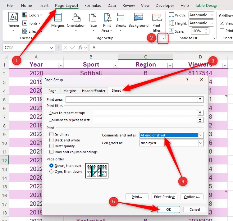 At End Of Sheet được chọn trong phần Print của tab Sheet trong hộp thoại Page Setup của Excel