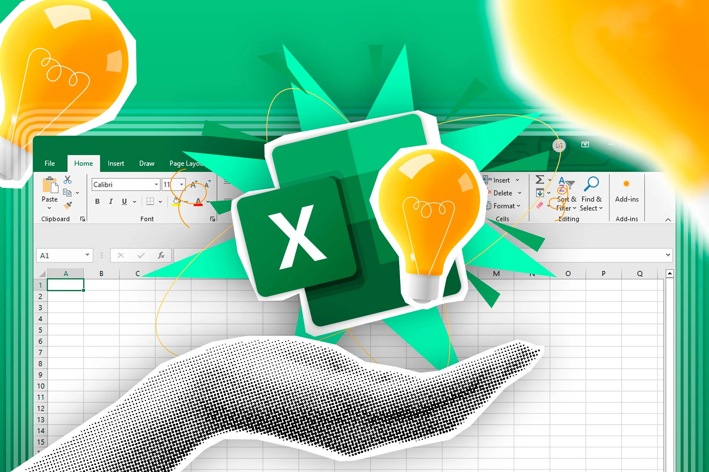 Bàn tay cầm biểu tượng Excel và bóng đèn ý tưởng, tượng trưng cho những mẹo và thủ thuật thông minh khi sử dụng Excel.