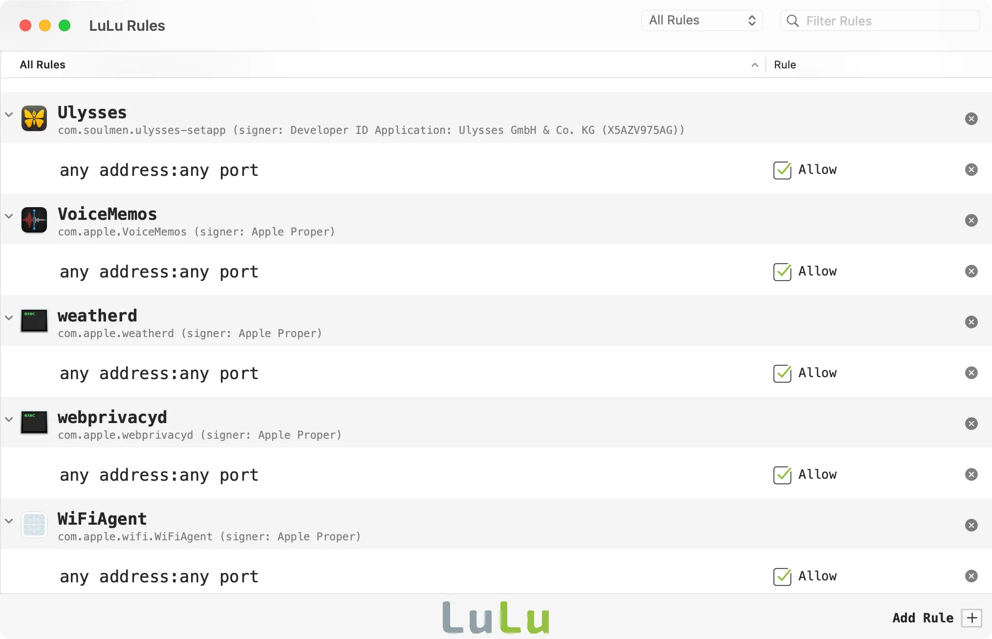 Bảng danh sách quy tắc của tường lửa LuLu, hiển thị các ứng dụng đã được cho phép hoặc chặn