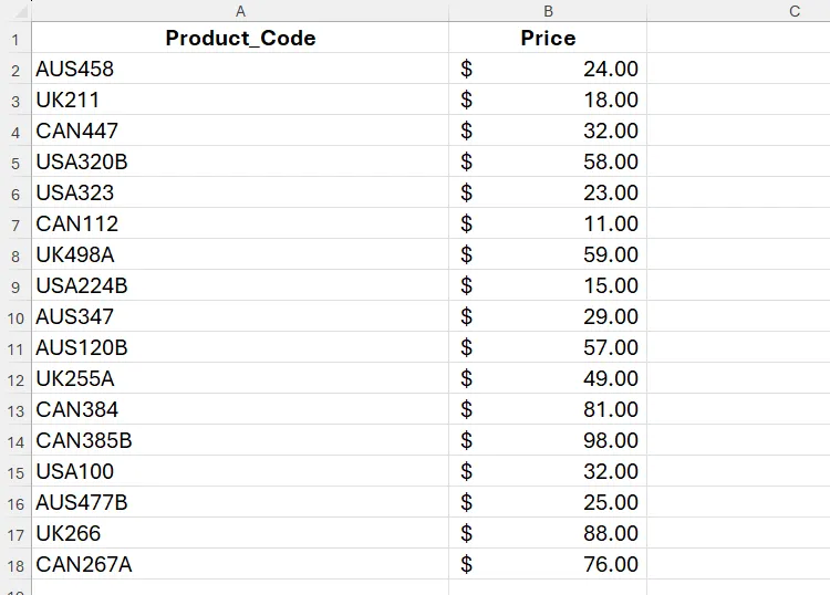 Bảng dữ liệu Excel hiển thị danh sách mã sản phẩm và giá, minh họa cấu trúc dữ liệu cho ví dụ tìm kiếm bằng wildcard.