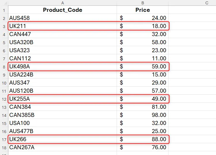 Bảng mã sản phẩm trong Excel, với các mã chứa &quot;UK&quot; được tô sáng, chuẩn bị cho việc tính tổng bằng hàm SUMIF với wildcard.