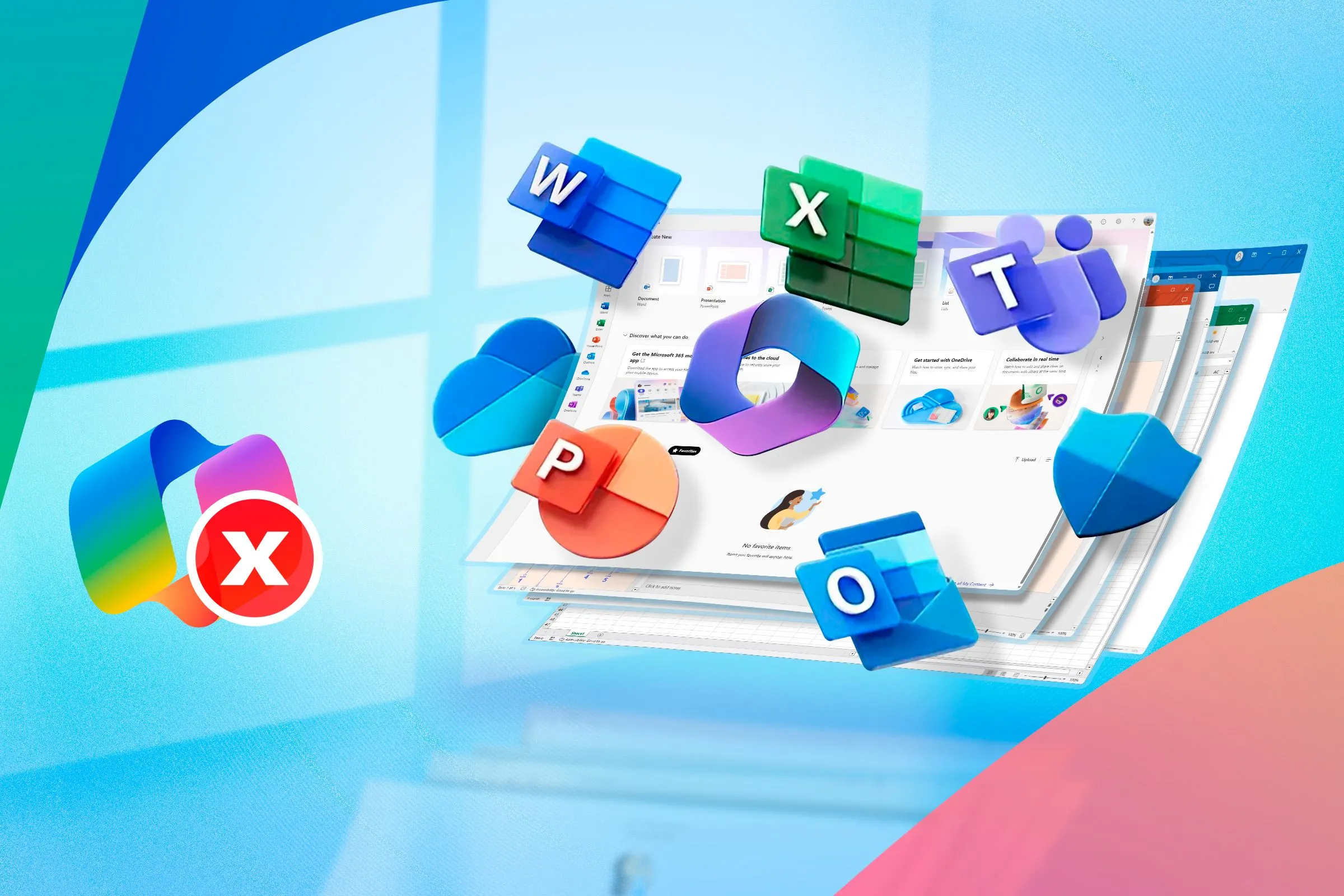 Biểu tượng Copilot cùng các màn hình Microsoft 365, thể hiện sự tích hợp AI nhưng cũng đặt ra câu hỏi về độ tin cậy tuyệt đối của nó.