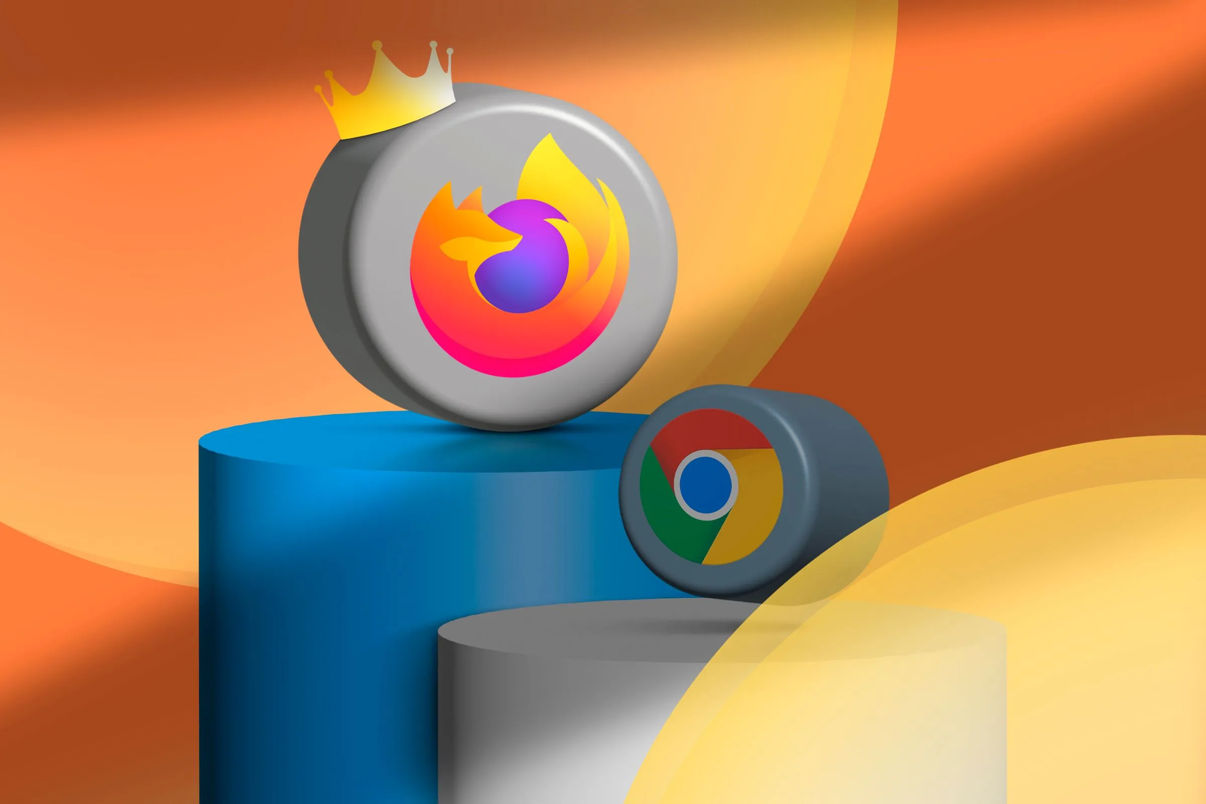 Biểu tượng Firefox chiến thắng Chrome trên bục vinh quang, thể hiện ưu điểm vượt trội của các tính năng mới