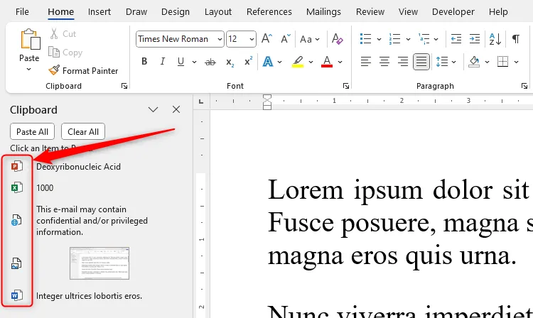 Các biểu tượng nguồn gốc của mục đã sao chép hiển thị trong Clipboard Microsoft Word