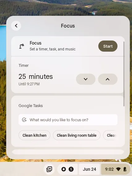 Các tùy chọn chế độ tập trung (Focus mode) trên Chrome OS, cho phép người dùng tùy chỉnh cài đặt không làm phiền