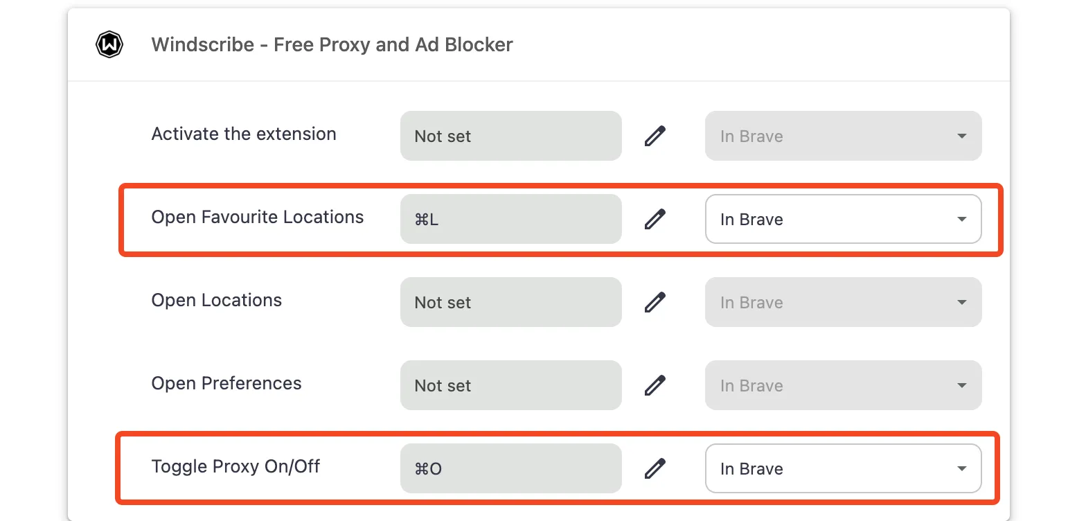 Cài đặt tiện ích mở rộng Windscribe trong trình duyệt Brave, cho phép tùy chỉnh phím tắt điều khiển VPN.