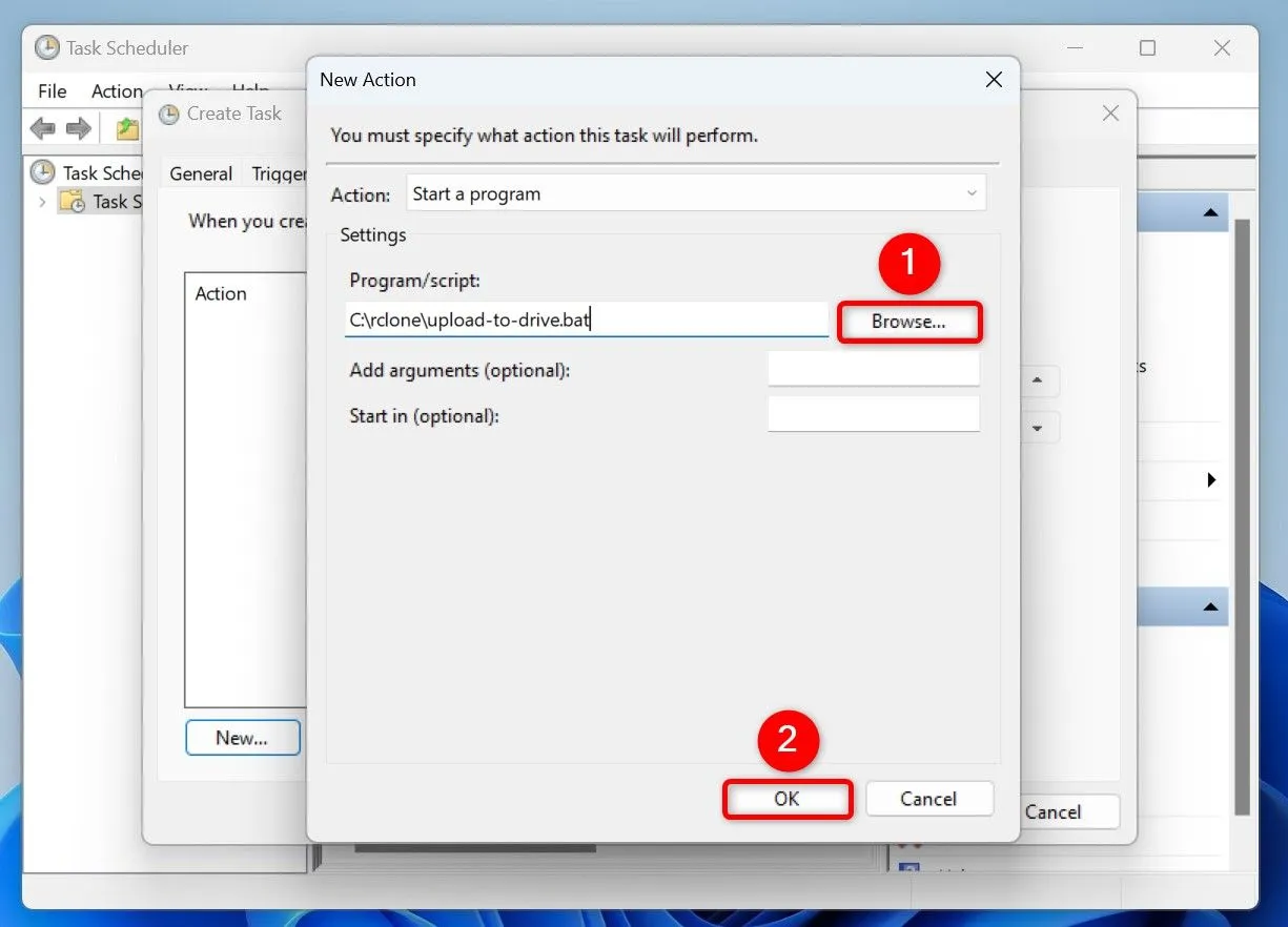 Cấu hình hành động trong Task Scheduler để chạy tệp batch Rclone