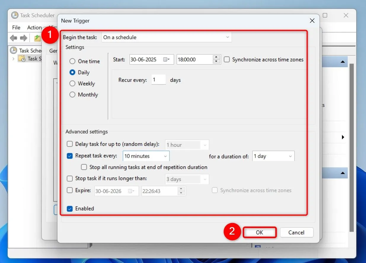 Cấu hình lịch trình trong Task Scheduler để tự động tải lên Google Drive