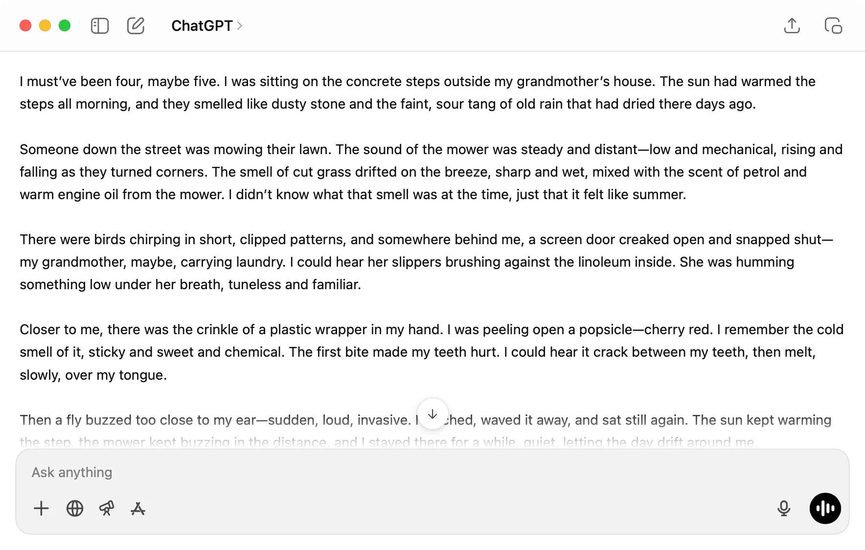 ChatGPT mô tả chi tiết và văn hoa về ký ức tuổi thơ giả định, nhấn mạnh sự khác biệt giữa AI và trải nghiệm con người thực.