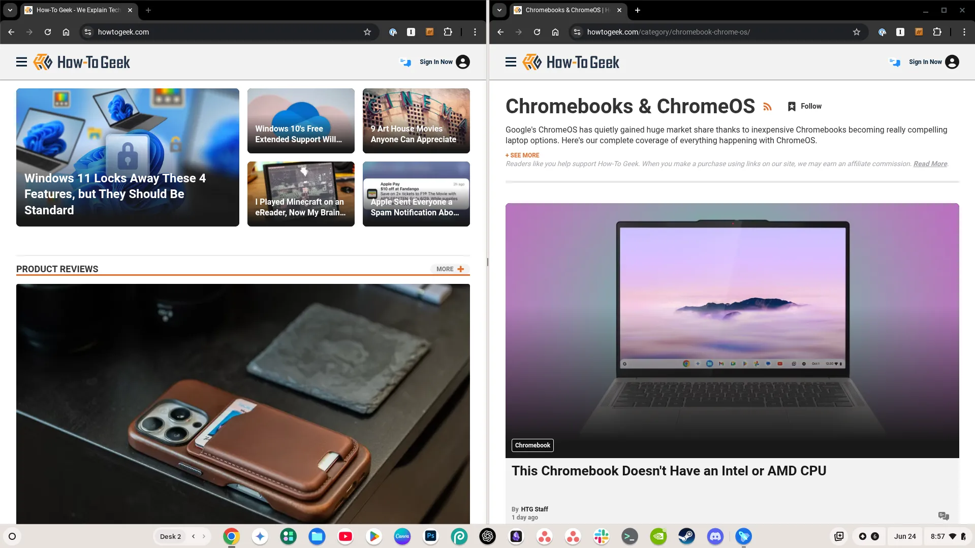 Chế độ chia màn hình hiển thị hai cửa sổ Chrome đang mở với website How-To Geek, minh họa tính năng Partial Split