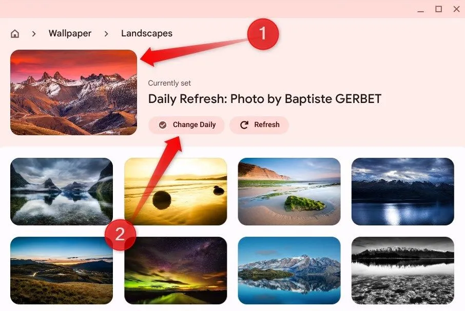 Chọn hình nền và thiết lập tự động thay đổi hàng ngày trên Chromebook.