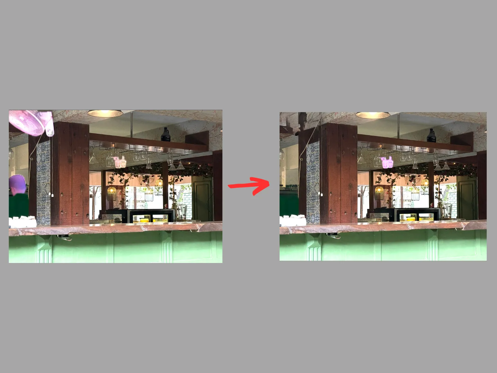 Clean Up gợi ý xóa đầu người khỏi ảnh nhưng gặp khó khăn với quạt treo tường phức tạp hơn.