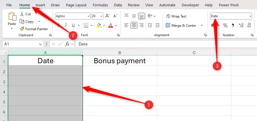 Cột A trong Excel được chọn, và &quot;Date&quot; trong nhóm &quot;Number&quot; của tab &quot;Home&quot; được chọn.