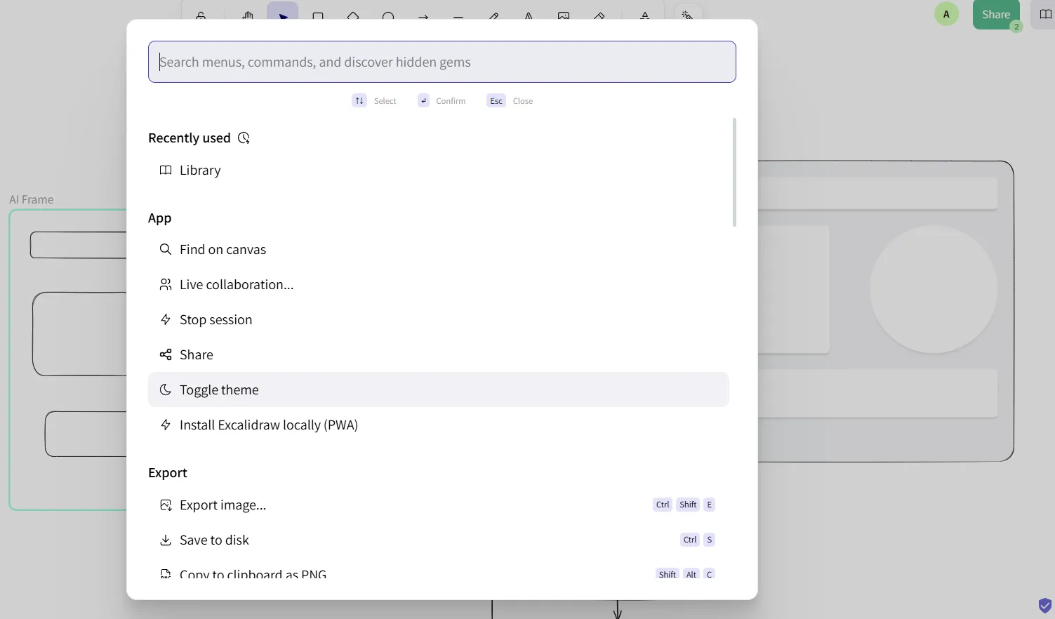 Cửa sổ bảng lệnh Command Palette trong Excalidraw, hiển thị các tùy chọn và phím tắt tăng năng suất.