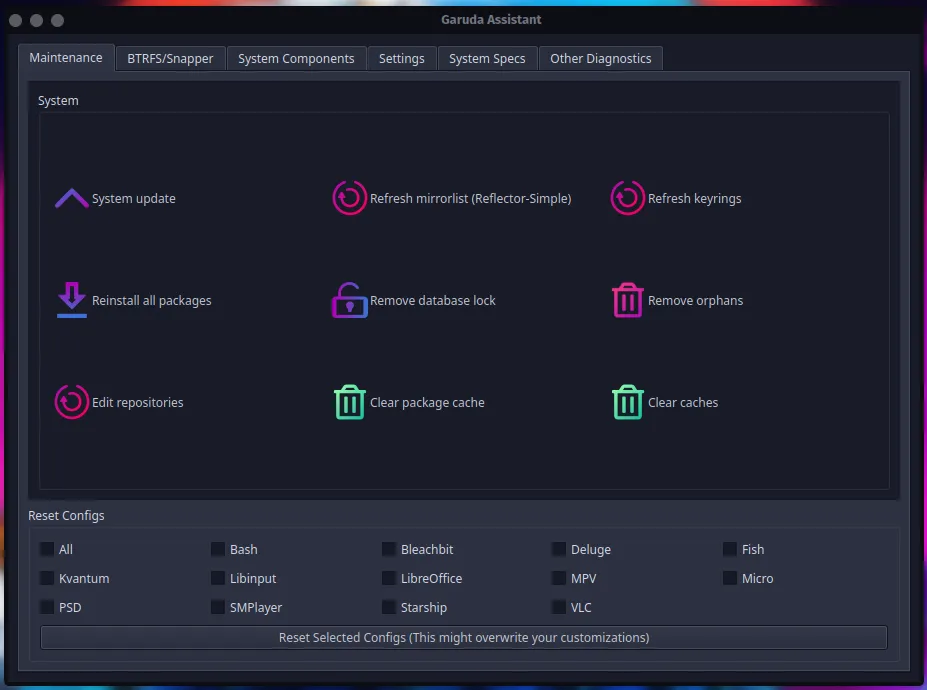 Cửa sổ Garuda Assistant trên môi trường desktop Dragonized của Garuda Linux, minh họa công cụ độc quyền.