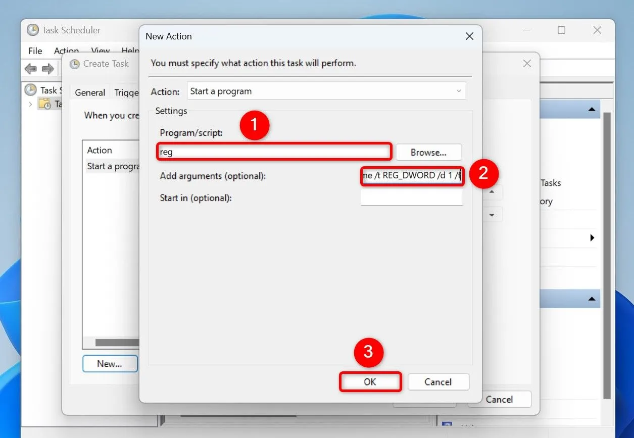 Cửa sổ &quot;New Action&quot; trong Task Scheduler, thêm lệnh `reg add` để kích hoạt AppsUseLightTheme cho chế độ sáng Windows 11.