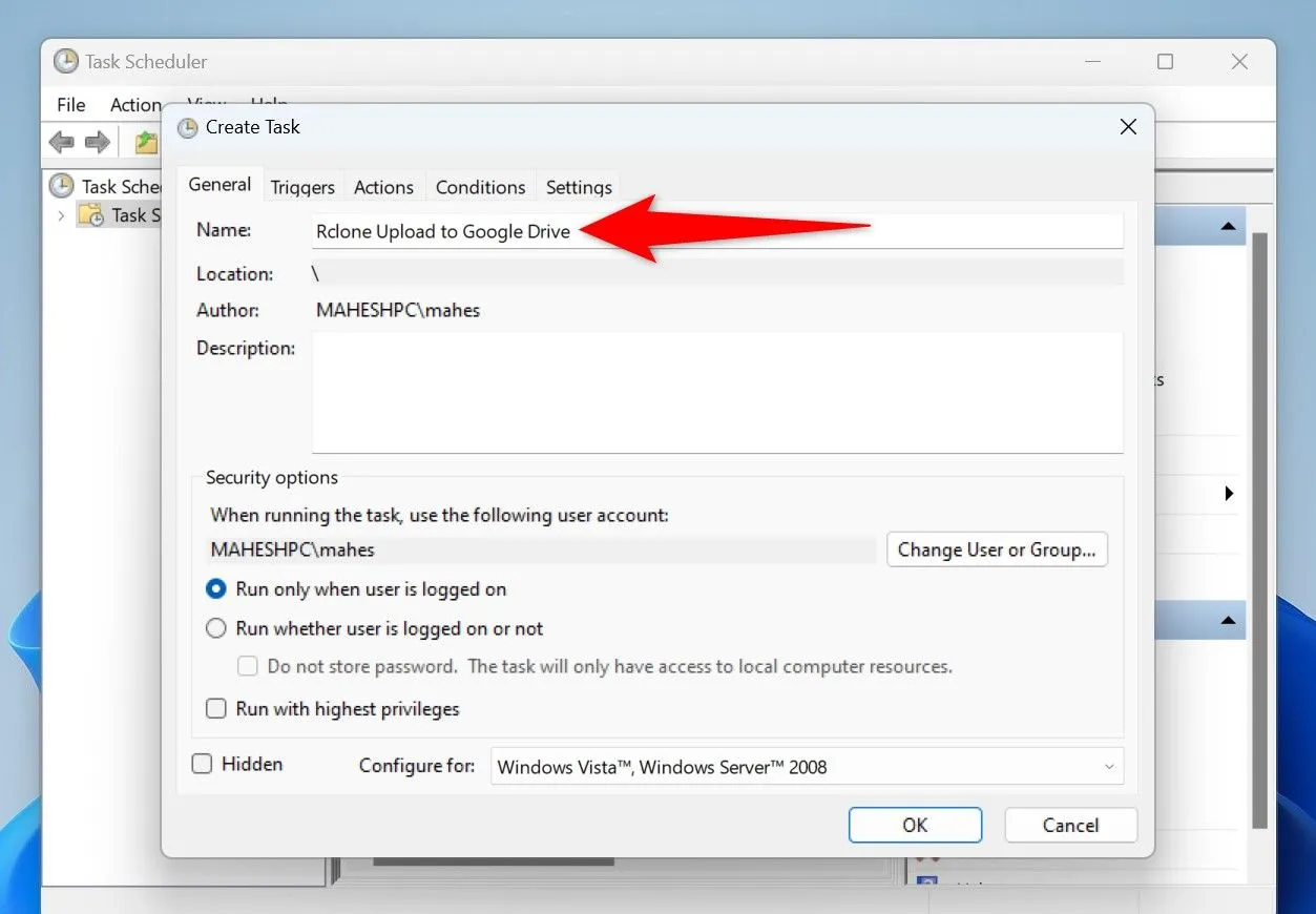 Cửa sổ tạo tác vụ mới trong Task Scheduler của Windows 11