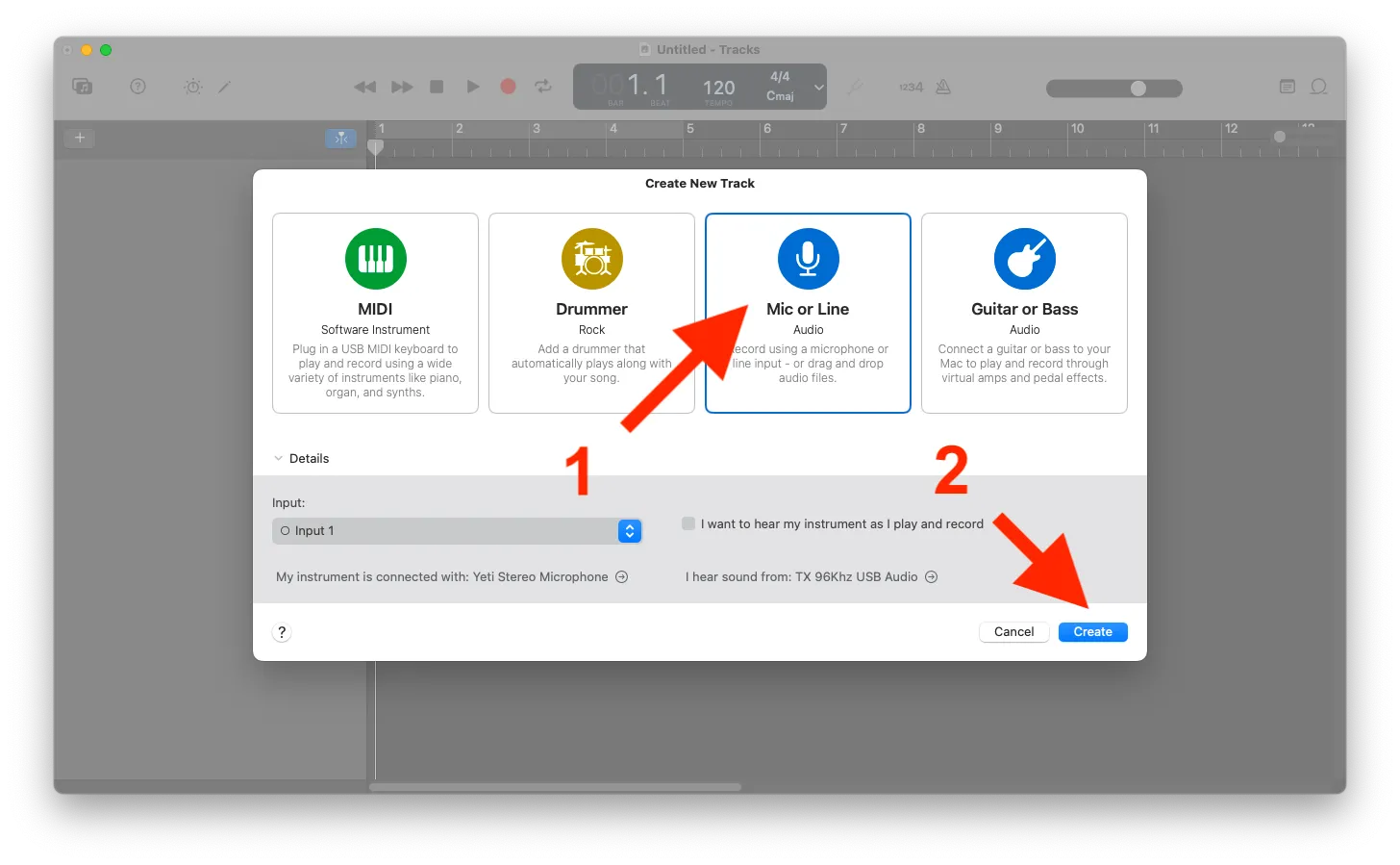 Cửa sổ tạo track mới trong GarageBand, với lựa chọn track microphone để ghi âm giọng nói.