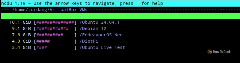 Cửa sổ terminal Linux hiển thị kết quả quét ncdu, nổi bật các thư mục con của VirtualBox chiếm dung lượng lớn, minh chứng cho các file máy ảo là nguyên nhân gây đầy ổ đĩa.