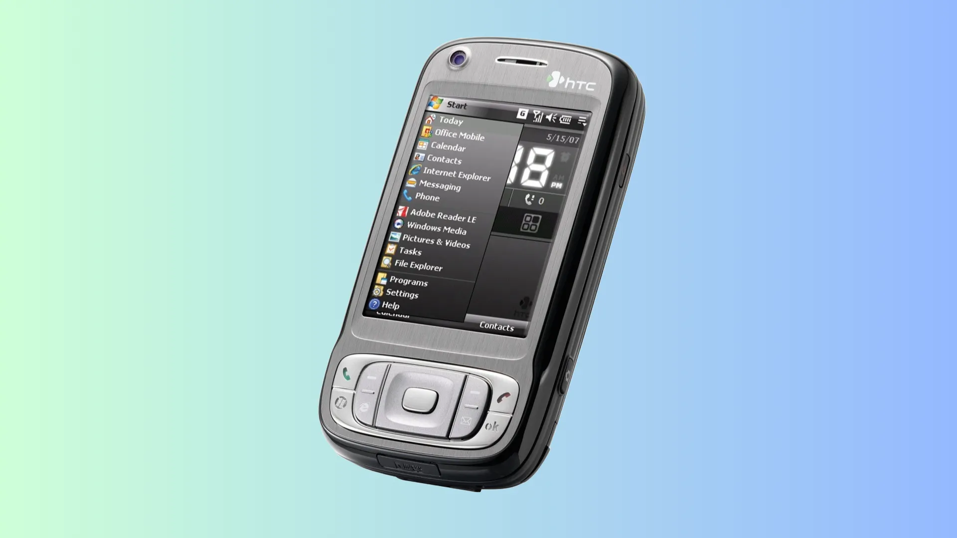 Điện thoại HTC TyTN II với bàn phím QWERTY trượt và màn hình lớn trên nền xanh ngọc